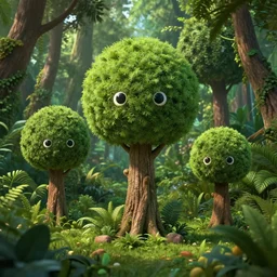 a high resolution highly detailed digital art of cute trees with eyes in a dense jungle trending on artstation, hyperrealistic, dslr photography
