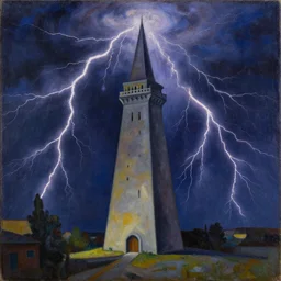 a painting of a tower being struck by lightning in the style of remedios varo