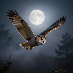 huge owl flying at night through fog in the forest lit by the full moon fog moving through feathers