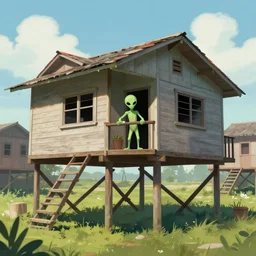 alien merchant living in a house on stilts