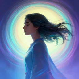 side profile, maya ali, wind sorceressesl, gloomhaven, luminescent, colorful swirly magic ripples gradient lit background, by greg manchess, huang guangjian, gil elvgren, sachin teng, greg rutkowski, jesper ejsing, ilya kuvshinov