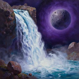 waterfall in asteroid field, purplish space in background, ultra detailed, artstation award winner, oil on canvas, vibrant, detailed water