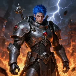 portrait of beautiful gothic and futuristic young man, warhammer, cyber armor, a lot of more and more scars, thunderstorm and fire, blue head, the middle ages, highly detailed, artstation, illustration, more and more composision, 8 k quality, art by jean delville, max ernst