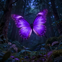 a glowing purple butterfly flying through the night sky, in a forest, digital art, artstationhq