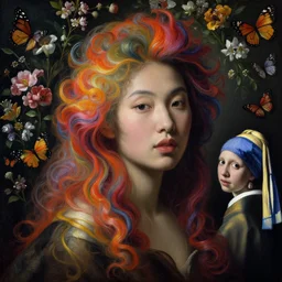 a closeup portrait of one beautiful asian goddess with swirling vivid coloured hair and a wall full of flowers and butterflies in the background, painted by caravaggio, rachel ruysch, vermeer and ambrosius bosschaert, hyperrealism, dark, dramatic lighting, swirly paint, analogous complementary colour scheme, trending in artstation, octane, rendered