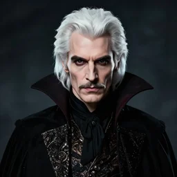 portrait of dracula with white hair and a moustache 4 k, concept art, by wlop, ilya kuvshinov, artgerm, krenz cushart, greg rutkowski, pixiv. cinematic dramatic atmosphere, sharp focus, volumetric lighting, cinematic lighting, studio quality