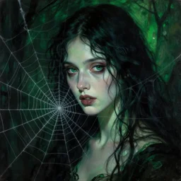 a beautiful terrifying painting dark gothic close up woman in a spider web, green, and black hues by raymond swanland, gaston bussiere craig mullins alphonse mucha basil gogos norman rockwell takato yamamoto, wlop, moebius syd mead roger dean