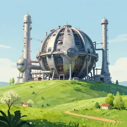 an impressive science fiction big factory with a spherical architecture designed by technodrome and star wars with fat cables and pipes, on a beautiful green hill in a the french countryside during spring season, painting by cowboy bebop backgrounds hd and gustave courbet and a frew vector illustration touch, nice lighting, perfectly readable image, smooth tiny painted details, soft and clear shadows, low contrast, perfect