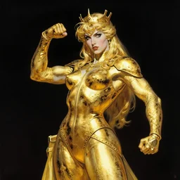 golden saint girl, strong line, deep color, beautiful! coherent! by frank frazetta, by brom