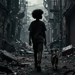 a dynamic long shot portrait of the silhouette of a black boy with an afro walking through a post apocalyptic alley with his pet dog, by simon stalenhag and farid ghanbari, dark and ominous, digital illustration, behance, rendered in unreal engine 5, rim lighting, volumetrics, ray tracing, 8 k, hd