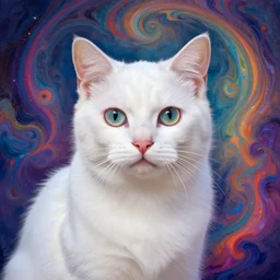 white cat by victo ngai, in the style of amanda sage, background vibrant, coloured, mystical swirls, animal portrait