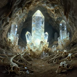 a cave with huge glowing crystals in the walls and piles of bones on the floor, art by greg rutkowski