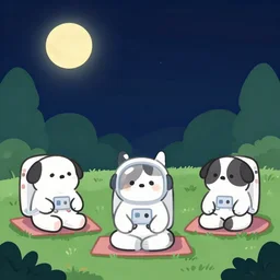 a still frame illustration of a a three astronaut dogs doing yoga in a night park, moonlight by quint buchholz, cheng hsiao - ron, wes anderson, fujita goro, edward hopper, rene magritte, simon stalenhag, fine details, ornate