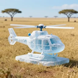 ice block shaped like a helicopter landing in a savannah