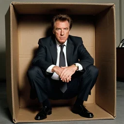 realistic photo of william shatner as denny crane sitting inside of a huge box.