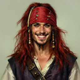 portrait of a young ruggedly handsome but joyful pirate, male, masculine, soft hair, upper body, red crimson crimson hair, long flowing hair, fantasy, wide smirk, intricate, elegant, highly detailed, digital painting, artstation, concept art, matte, sharp focus, illustration, art by artgerm and greg rutkowski and alphonse mucha