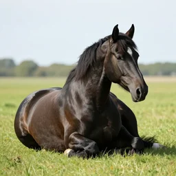 a black dappled horse, laying down in a field, photo