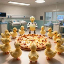 a swarm of biomechanical ducks made of cheese pizza taking over a hospital maternity ward