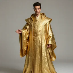 full body portrait of rami malek as a wizard in golden robes. detailed face, concept art, intricate, highly detailed 8 k, smooth, sharp focus, handsome and aesthetic shape of face and body, artgerm, artstation, art by zexi guo and nira and junpei suzuki and gharliera and rinotuna