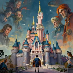 a highly detailed epic cinematic concept art cg render digital painting artwork : a boy in chernobyl disneyland, disneyland castle. by greg rutkowski, in the style of francis bacon and syd mead and norman rockwell and beksinski, open ceiling, highly detailed, painted by francis bacon and edward hopper, painted by james gilleard, surrealism, airbrush, ilya kuvshinov, wlop, stanley artgerm, very coherent, triadic color scheme, art by takato yamamoto and james jean