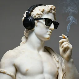 greek marble statue wearing headset and sunglasses while smoking a cigarette. high quality. photography. photorealism.
