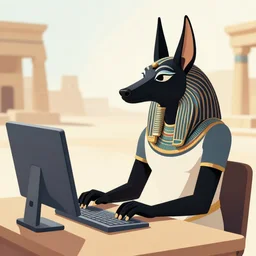 ancient egyptian art of anubis working on a computer