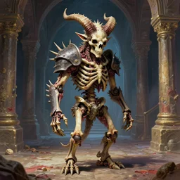 A little vibrant. A spiked spiky horned detailed semiork-semihuman skeleton with armored joints stands in the cavernous corridors of the palace with a pebble in hands and toes. Wearing massive shoulderplates. Extremely high details, realistic, fantasy art, solo, masterpiece, bones, ripped flesh, colorful art by Zdzisław Beksiński, Arthur Rackham, Dariusz Zawadzki, Harry Clarke