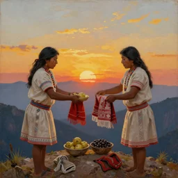 a beautiful painting of two incan people exchanging food and fabrics at the top of a mountain with sunset, art by christophe vacher