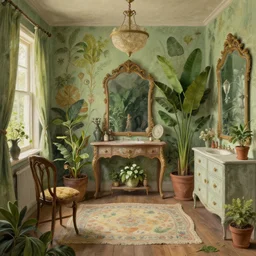 beautiful digital matte painting of whimsical botanical illustration of shabby chic dressing room by greg rutkowki and edward hopper artstation