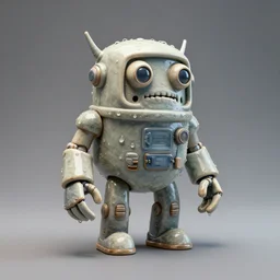 crazy ceramic miniature toy Figure Robot scientist monster 8K, zbrush, c4d, in a Studio hollow, water drops, by h r giger