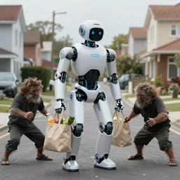 photojournalism of sleek humanoid robot holding grocery bags being attacked by two mean on a residential street