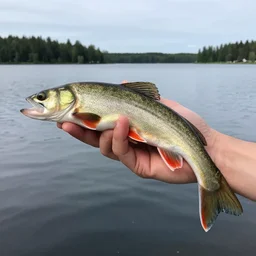 fisher holding up a strange fish with no head lake in the background. sweden