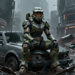 character portrait of a female warrior in halo spartan armor sitting on a broken car in a desolate cyberpunk wasteland city, symmetrical face, realistic eyes, 8 k, realistic shading, concept art, digital painting, illustration, matte painting, moody lighting, sharp focus, minimal artifacts, wet, heavy rain, rainstorm, john singer sargent, william - adolphe bouguereau, masami suda