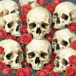 ortographic view of large skulls and vivid roses by Jen Bartel and Dan Mumford and Satoshi Kon, gouache illustration, vivid colors