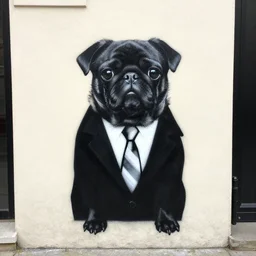 street art of a black pugalier dog wearing suit and tie by banksy