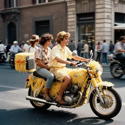 a group of people on the streets of rome riding in a motorcycle made of spaghetti, canon 5 0 mm, cinematic lighting, photography, retro, film, kodachrome