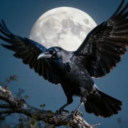 a hyper-detailed movie poster, , close-up portrait of a crow flying above a tree in front of the full big moon; an extraordinary masterpiece!!!; flawless; proud posture; photorealistic eyes; trending on artstation; f/1.4; 90mm