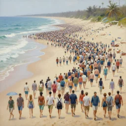 photorealistic oil painting of thousands of people walking in single file on a beach