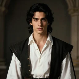 a portrait of a male version of esmeralda from hunchback of notre dame, young adult, black elegant hair, white shirt, elegant clothing, handsome, medieval garb, style by donato giancola, wayne reynolds, jeff easley dramatic light, high detail, cinematic lighting, artstation, dungeons and dragons