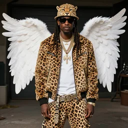 cult worship of a angel pimp. the pimp is swagged out to the max. the pimp is wearing a cheetah. he loves the cheetah. he is the cheetah's actual dad.