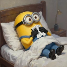 an epic painting minion, sick with a cold, high temperature in bed, oil on canvas, perfect composition, golden ratio, beautiful detailed, photorealistic, digital painting, concept art, smooth, sharp focus, illustration, artstation trending, octane render, unreal engine
