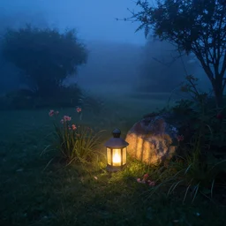 a lantern in a foggy garden at blue hour, dusk