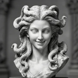 medusa portrait marble, black and white, wicked smile, artstation, detailed, blurred background