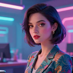 Female in office dress, illustrated by Greg Rutkowski and Gaston Bussiere, 35mm lens, beautiful macro close-up imagery, vibrantly lush neon lighting, beautiful volumetric-lighting-style atmosphere, a futuristic atmosphere, intricate, detailed, photorealistic imagery, trending on artstation, 4k, 8k