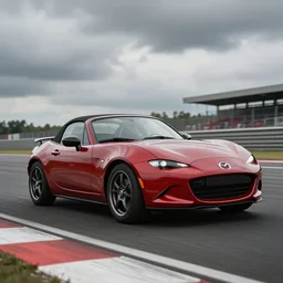 mazda miata convertible 2 0 2 1 sports car on a racetrack during an overcast day, realistic 4 k octane beautifully detailed render, 4 k post - processing, highly detailed, intricate complexity, epic composition, magical atmosphere, cinematic lighting, masterpiece, ultra hd