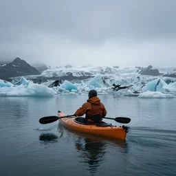 canoeing through a lake in iceland, moody, cinematic, fpv, muted colors, glaciers, ice, water