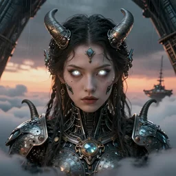 symmetry! middle closeup chamber portrait of a biblical diabolical girl!! stylish cyborg armor, pirate spaceship, heavy eyes to the side, closeup, bright glowing eyes, in clouds, rain, sunset, by gerald brom, by mikhail vrubel, by peter elson, muted colors, extreme detail, mirrors, trending on artstation, 8 k