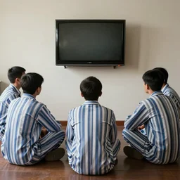 Inmates in striped suits sitting around a television bolted to the wall, rule of thirds, rendered in octane, rendered in Corona, rendered in vray, rendered in Arnold, insanely detailed, photorealistic, cinematic, global illumination, no grain —w 1024 —h 768