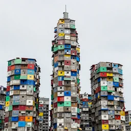 high towers made up of makeshift squatter shacks with bright colours, mamiya, 8 5 mm, uniform plain sky, fine details, photographed by hiroshi sugimoto