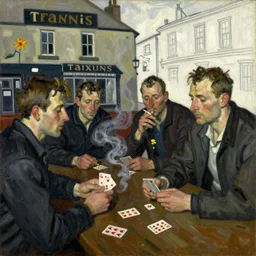 oil painting in the style of john craxton sailors in the shadows of a pub. playing cards. brush marks. strong lighting. holding cigarettes. smokey bar. seated figure hands on table. strong expressions on faces. cheekbones. single flower. in the style of ivon hitchins line drawing on painting,